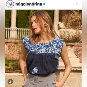 Mi Golondrina Flores Embroidered Top in Navy Blue White Large